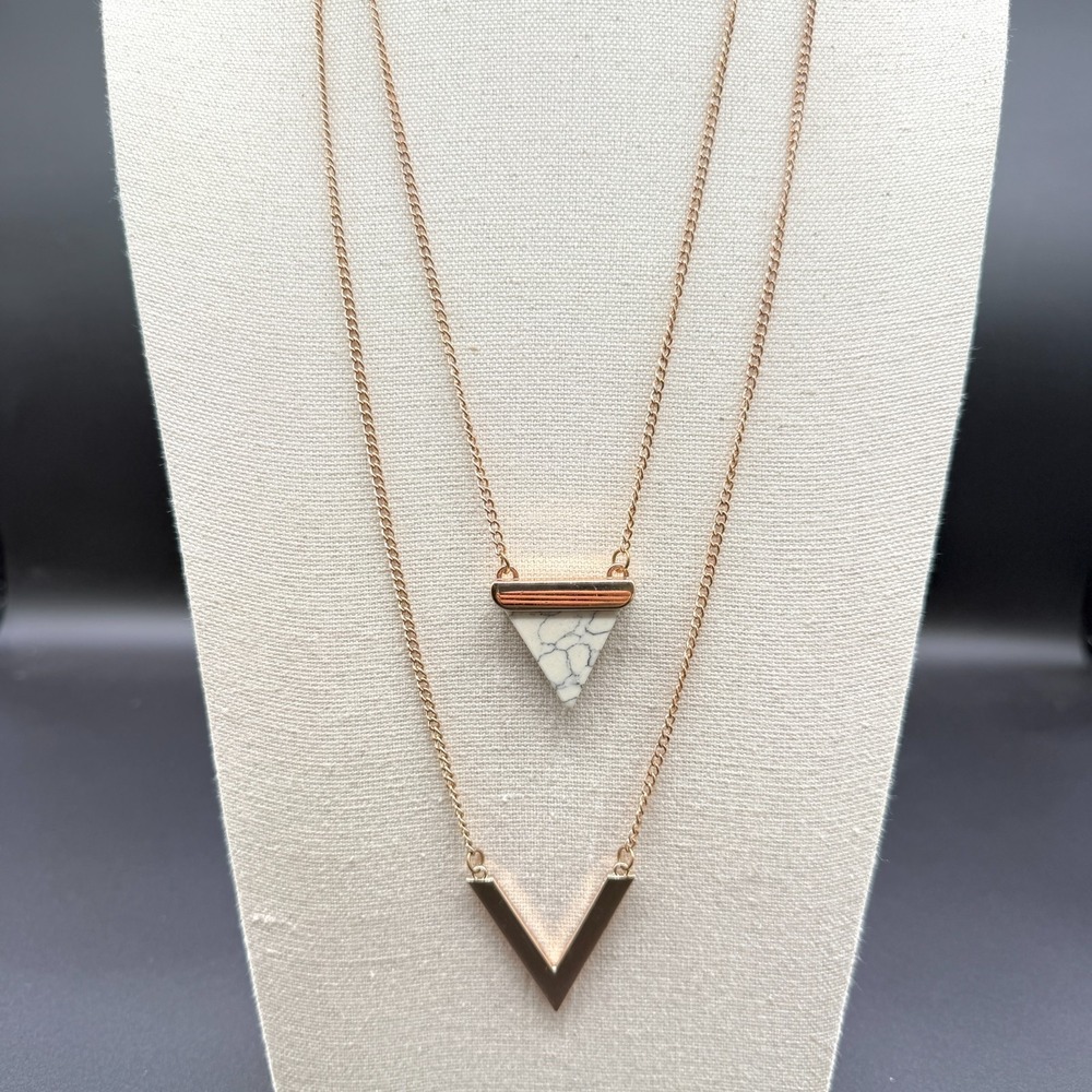 Rose Gold Tone Layered Necklace White Stone Triangle V Pendant Boho Statement